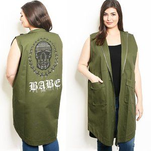 BLING Crystal Studs SKULL MOTO Military Long Vest